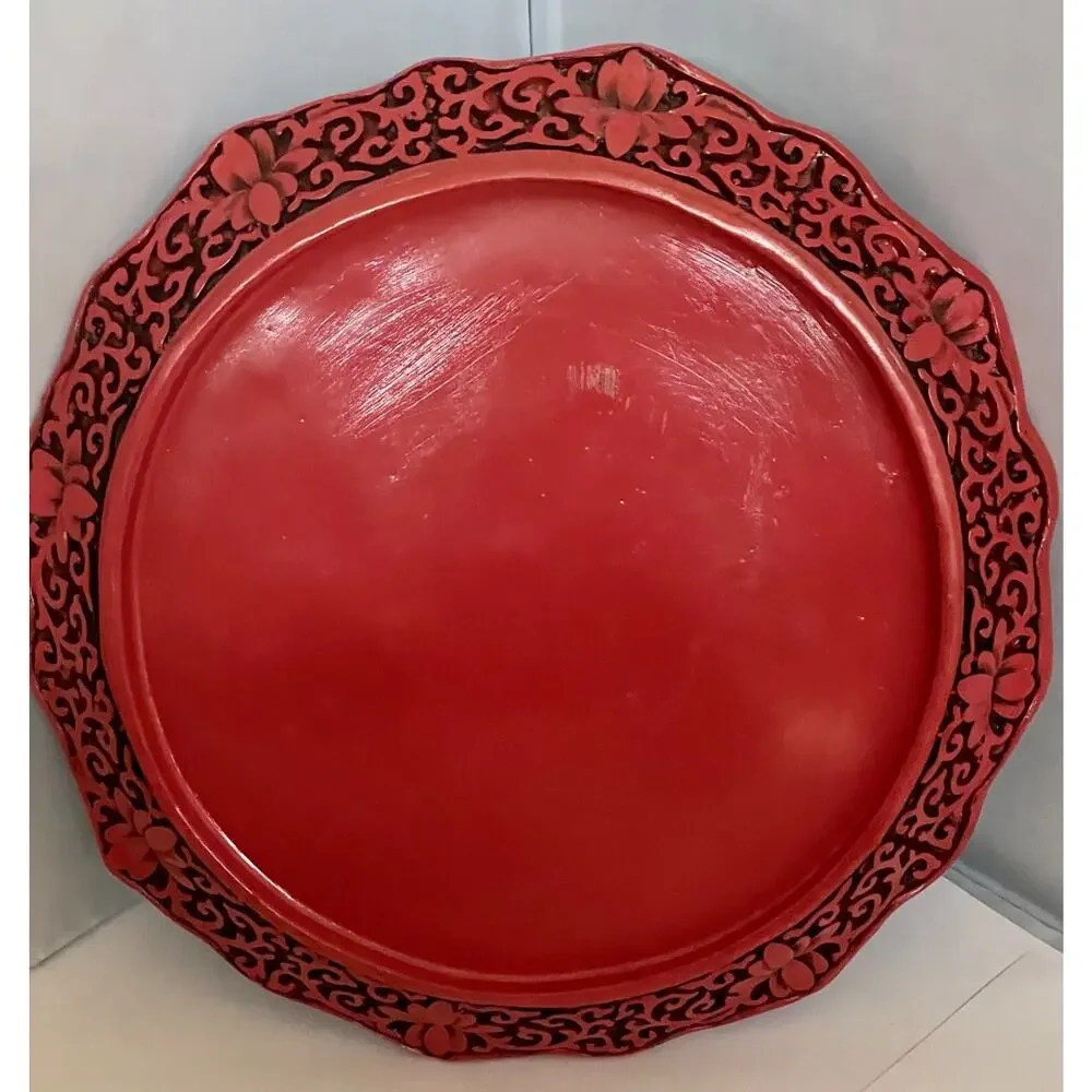 Chinese Hand-Carved Lacquer Red Cinnabar Resin Plate (Boat Scene)